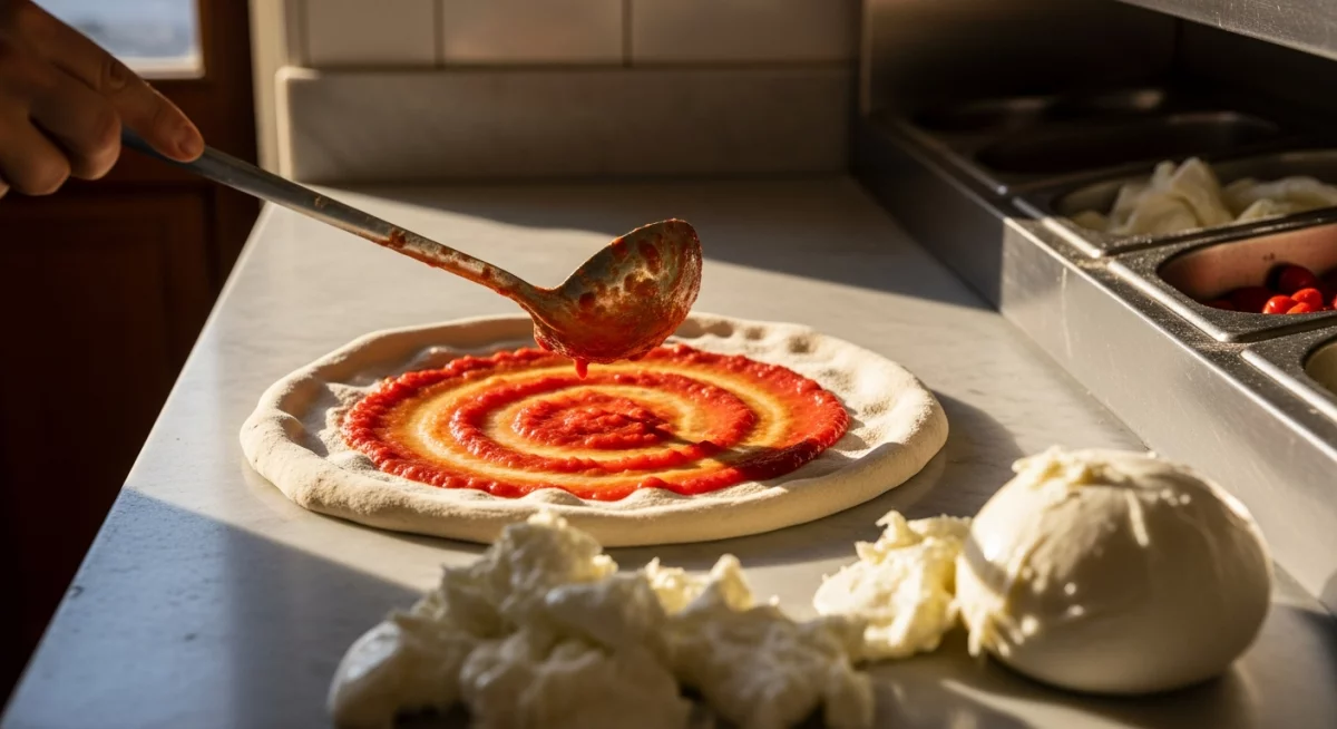 Préparation artisanale de la pâte à pizza par un pizzaiolo avec des gestes traditionnels