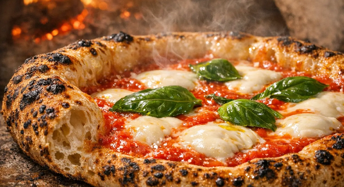 Pizza napolitaine traditionnelle sortant d'un four à bois avec sa croûte dorée caractéristique
