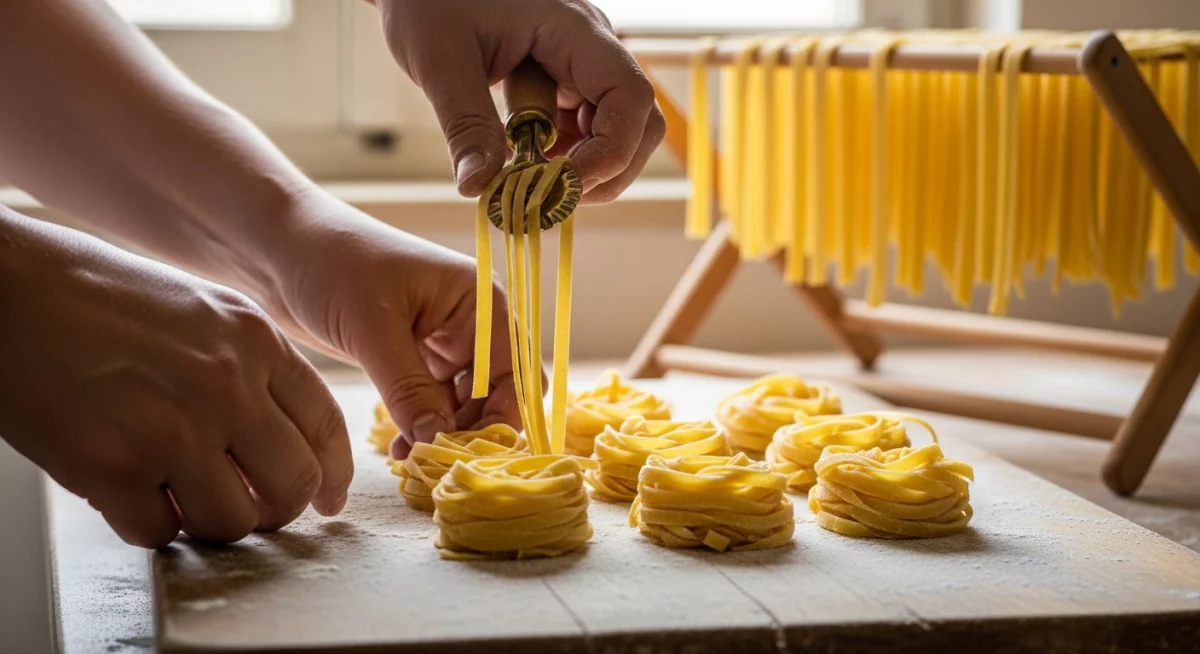 Préparation artisanale de pâtes fraîches avec farine et œufs sur plan de travail