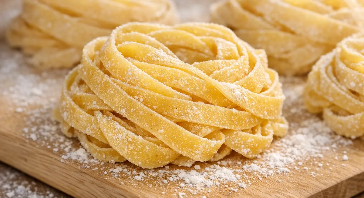 Tagliatelles fraîches maison disposées en nids sur un plan de travail fariné