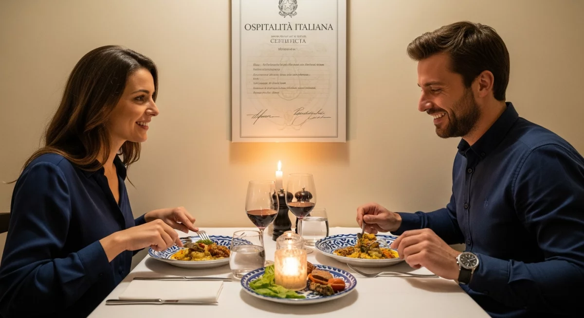 Plaque de certification Ospitalità Italiana affichée à l'entrée d'un restaurant italien