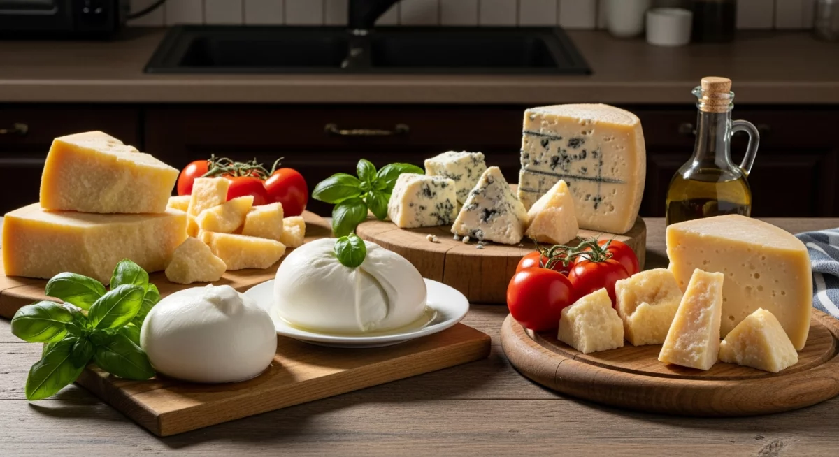 Assortiment de fromages italiens AOP sur une table en bois avec Parmigiano Reggiano et Mozzarella di Bufala