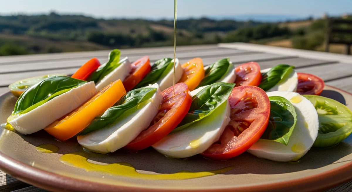 Mozzarella di bufala authentique servie avec tomates et basilic frais