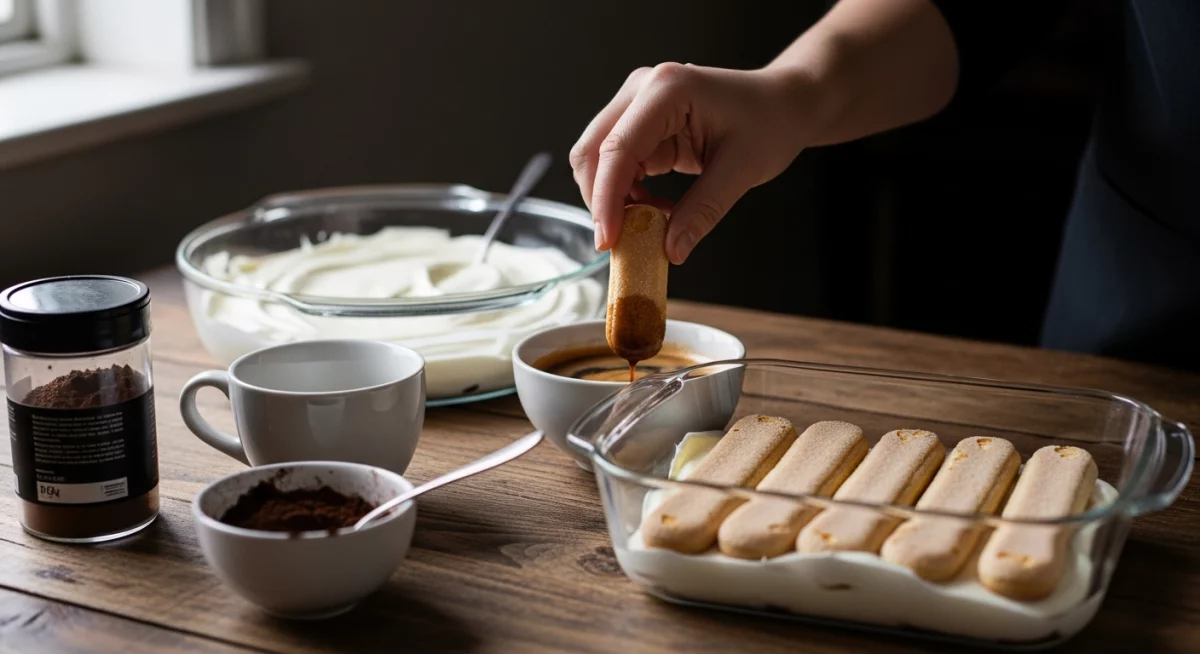 Montage du tiramisu maison avec superposition de biscuits imbibés de café et crème mascarpone onctueuse