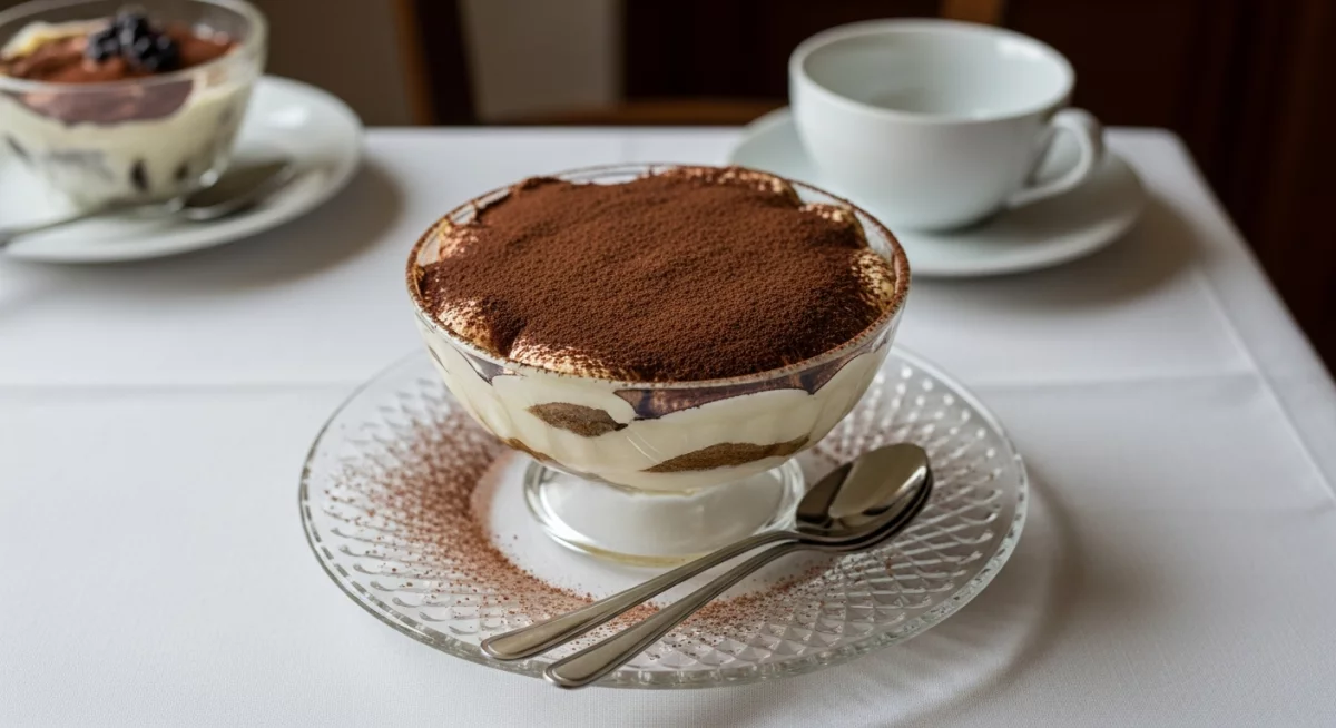 Tiramisu maison terminé saupoudré de cacao dans un plat en verre transparent