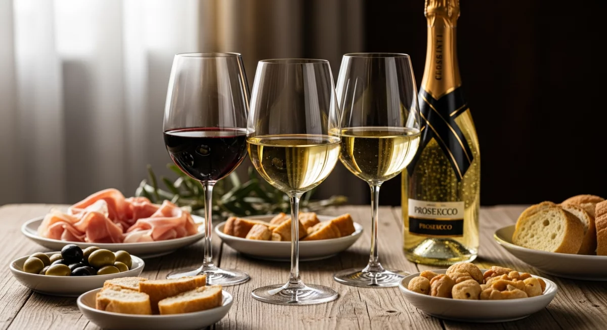 Rangées de bouteilles de vins italiens de différentes régions alignées sur une table en bois avec étiquettes DOC et DOCG visibles