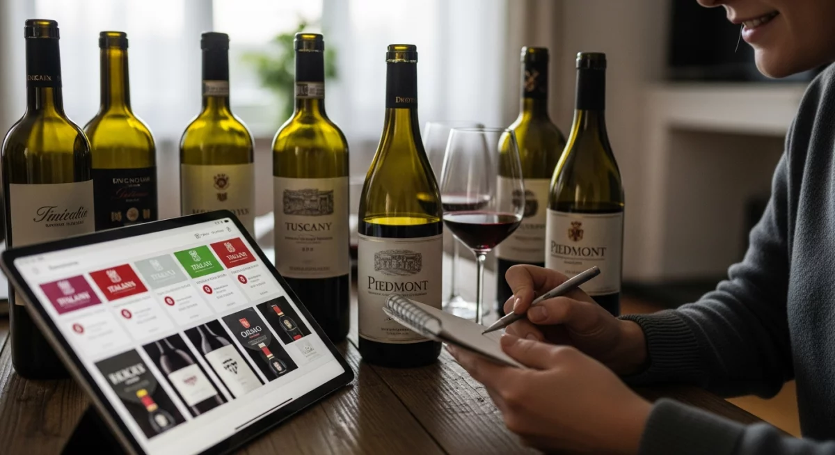 Carte détaillée des régions viticoles italiennes montrant Piémont Toscane et Vénétie avec vignobles en arrière-plan