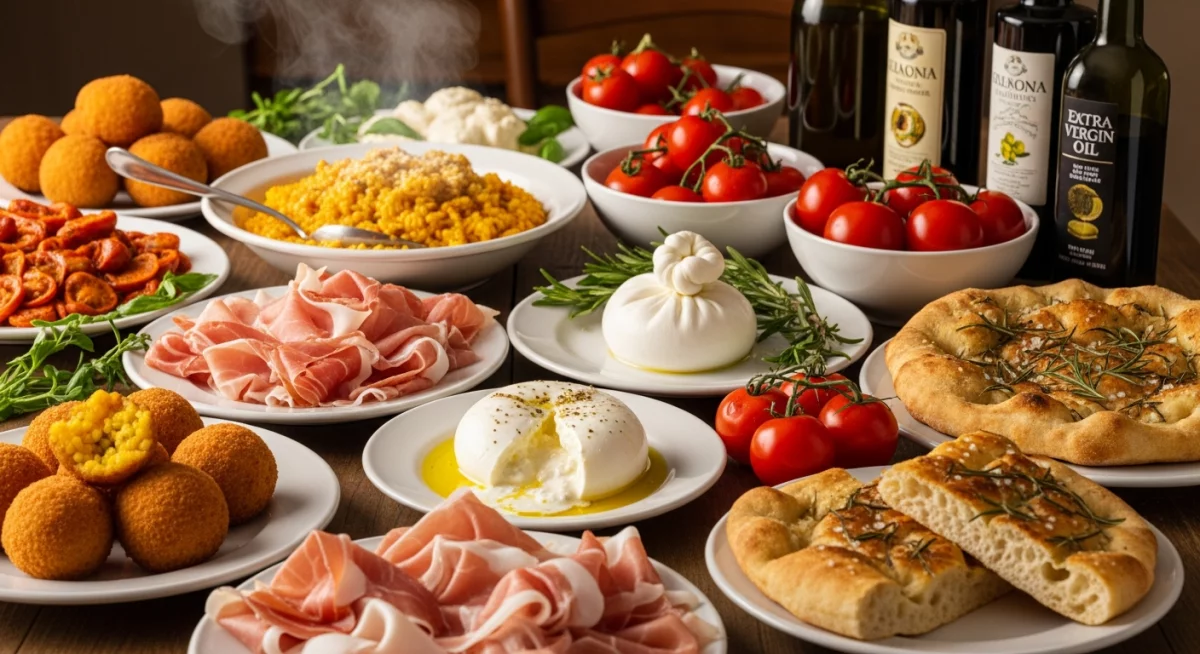 Table italienne traditionnelle avec plats régionaux variés et ingrédients frais