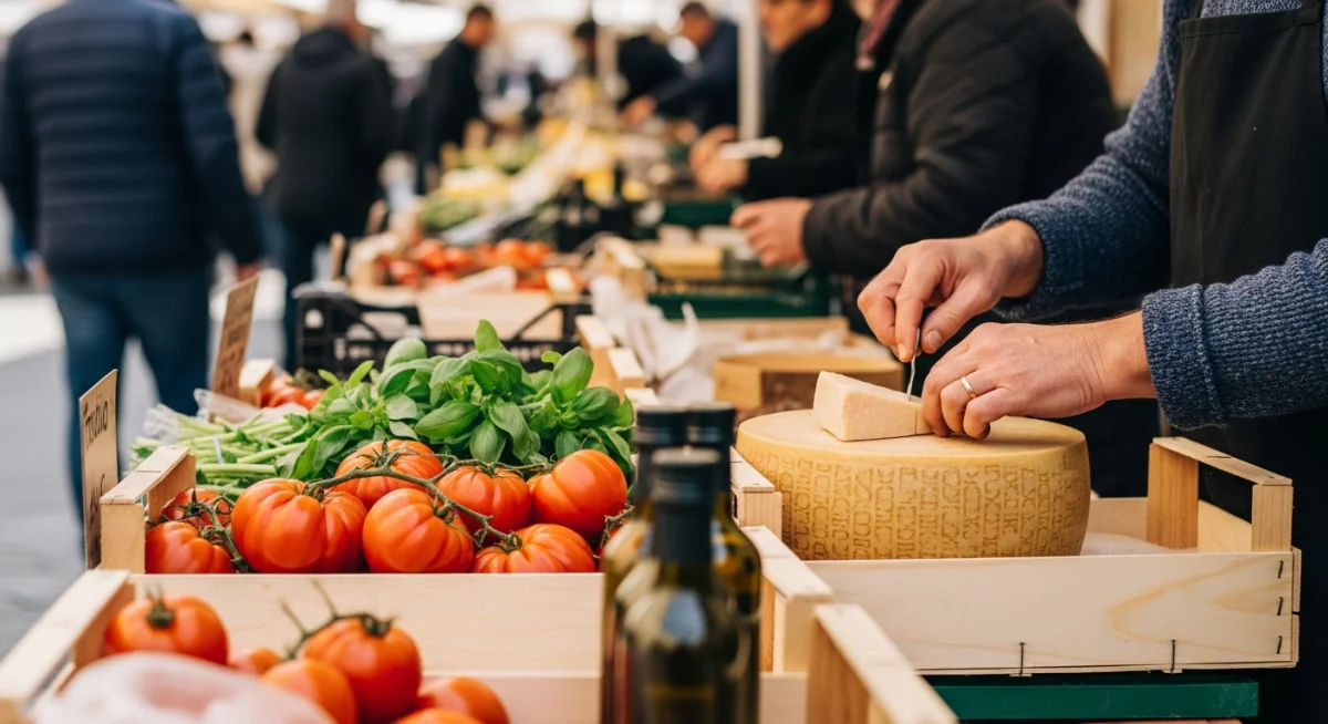 Ingrédients traditionnels italiens disposés sur table rustique avec huile d'olive et herbes fraîches