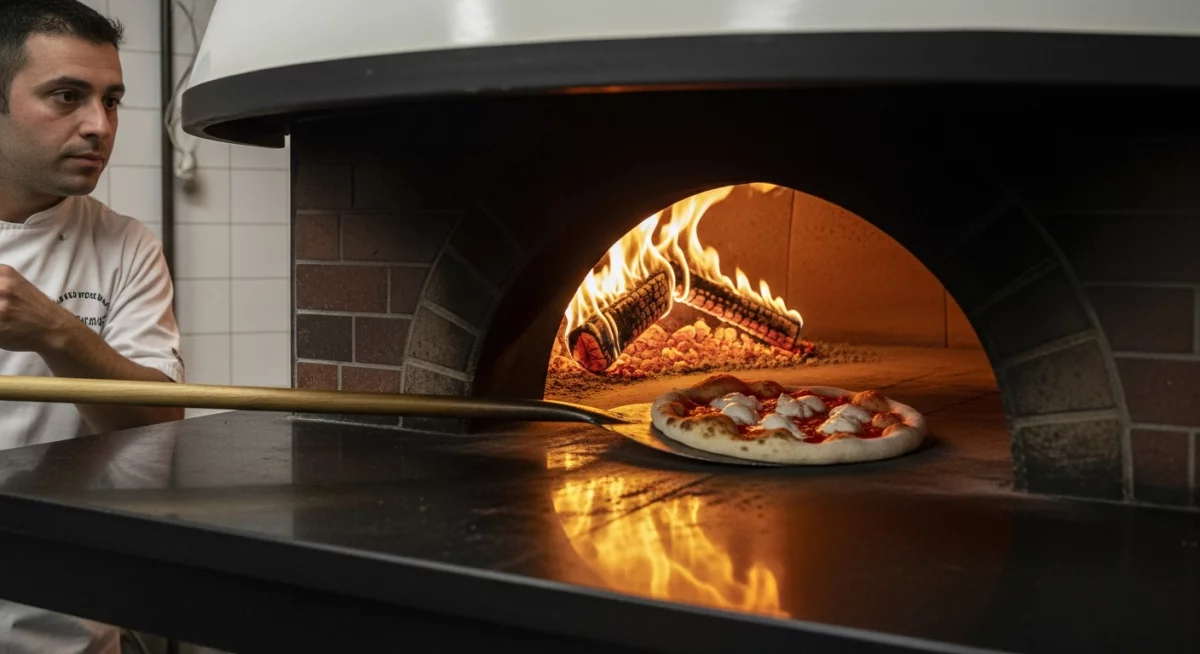 Pizzaiolo préparant des pizzas artisanales devant un four à bois avec flammes actives
