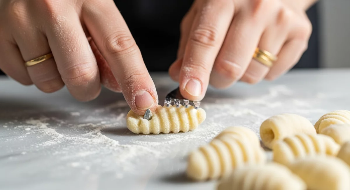 Mains façonnant des gnocchis sur un plan de travail fariné avec fourchette
