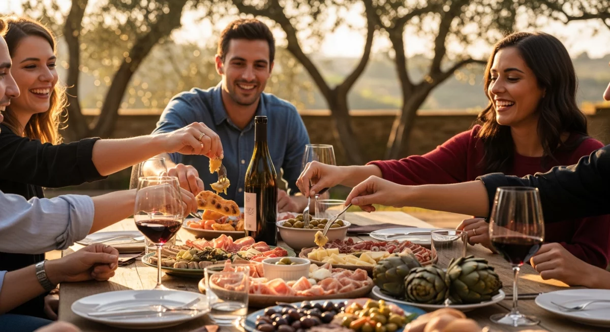 Personnes partageant des antipasti autour d'une table conviviale avec verres de vin italien