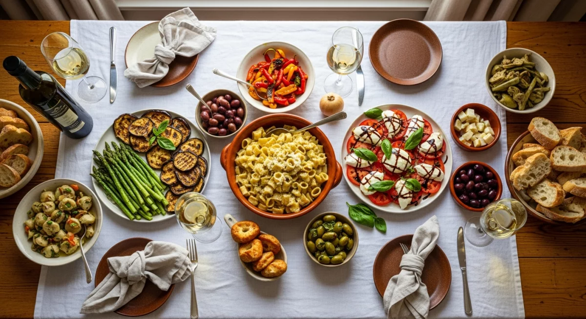 Préparation de pâtes fraîches maison avec farine, œufs et herbes fraîches sur plan de travail italien