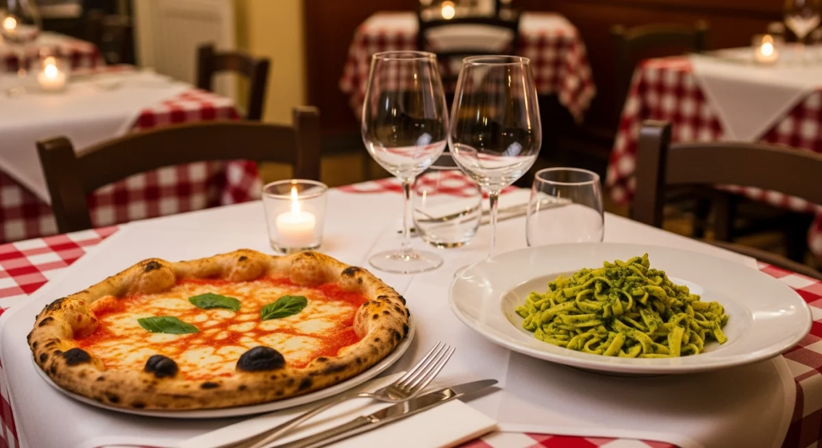 Table italienne conviviale avec une pizza napolitaine fumante et un plat de pâtes fraiches garnies dans une trattoria traditionnelle